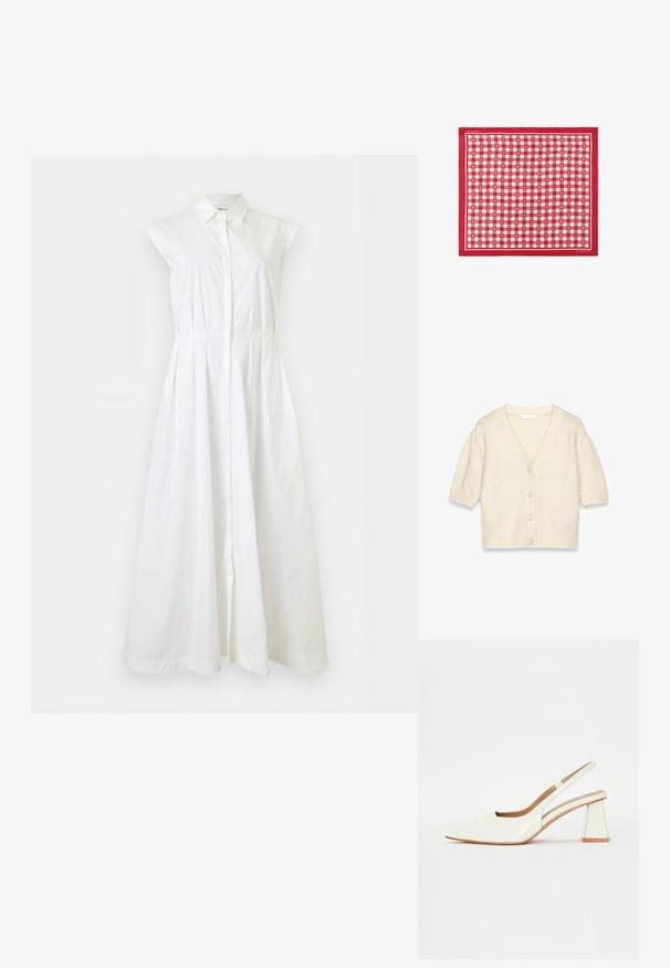 Cárdigan de manga corta color crema con escote en V, que presenta un patrón de punto texturizado y cinco botones a juego en el frente.; Vestido blanco sin mangas con botones, cuello y cintura entallada, que se extiende en una falda larga y fluida.; Zapato de tacón blanco de charol con punta afilada y un tacón en bloque geométrico. El interior cuenta con una plantilla beige y cortes laterales mínimos.; Bufanda a cuadros rojos y blancos con pequeños corazones, estrellas y patrones de "C", bordeada con rojo sólido y texto "Coach" en las esquinas.