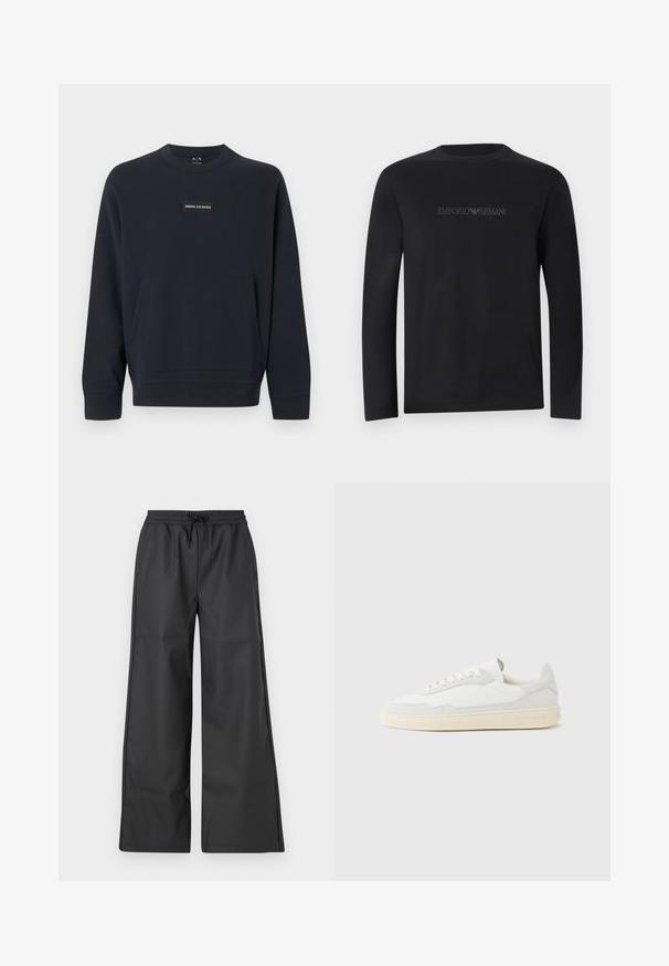 Zwart sweatshirt met lange mouwen en ronde hals, met een kangaroozak aan de voorkant en een klein Armani Exchange-logo in het midden van de borst.; Zwart shirt met lange mouwen en ronde hals, met het "EMPORIO ARMANI" logo in bijpassende zwarte draad op de borst geborduurd.; Han Kjøbenhavn RELAXED TRACK TROUSERS - Broek - black; Witte sneaker met een bovenwerk van gestructureerd suède en leer. Voorzien van een afgeronde neus, vetersluiting en een contrasterende beige rubberen zool.