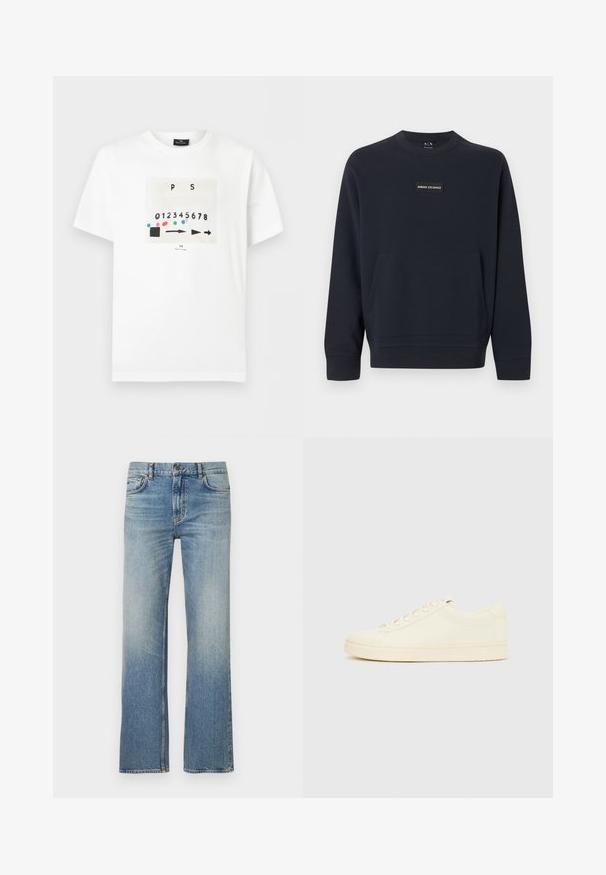 Sweatshirt noir à manches longues avec col rond, poche kangourou devant et petit patch logo Armani Exchange centré sur la poitrine.; T-shirt blanc à manches courtes avec un motif imprimé de chiffres de 0 à 8, des points colorés, des flèches noires et un petit texte "PS Paul Smith" au centre avant.; Jean en denim bleu clair avec une coupe droite, présentant une finition délavée, un design classique à cinq poches et des coutures contrastées.; Baskets couleur crème avec une tige en cuir lisse, bout arrondi, laçage à l'avant et semelle en caoutchouc texturée. Design minimaliste, sans logo.