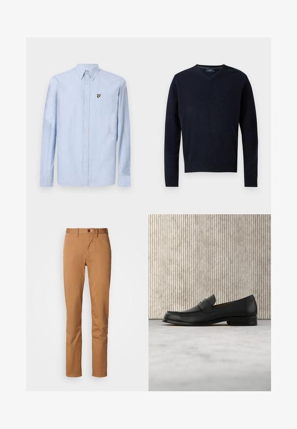 Marineblauwe V-hals trui van een zachte stof, met lange mouwen en een geribde zoom. Minimalistisch ontwerp met een eenvoudig label op de kraag.; Lichtblauwe langetermijnoverhemd met button-down kraag, borstzak en geborduurd logo. Gemaakt van textuurkatoenen stof.; Slim-fit kaki broeken met knoop- en ritssluiting, ceintuurlussen en zijzakken op een witte achtergrond.; Zwarte leren loafer zweeft boven een beige tapijt met op de achtergrond een glanzende, ronde, bruine tafel.