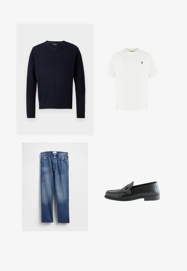 Marineblauwe V-hals trui van een zachte stof, met lange mouwen en een geribde zoom. Minimalistisch ontwerp met een eenvoudig label op de kraag.; Effen wit T-shirt met korte mouwen met een klein marineblauw koraallogo op de linkerborst en een ronde hals.; Blauwe denim jeans met een rechte pijp, voorzien van vervaging aan de voorkant, klassiek vijfzakkenontwerp en metalen klinknagels bij de zakken.; Zwarte leren loafer met een zijgesp, gestikte neus en lage hak, getoond in rechterzijprofiel tegen een witte achtergrond.