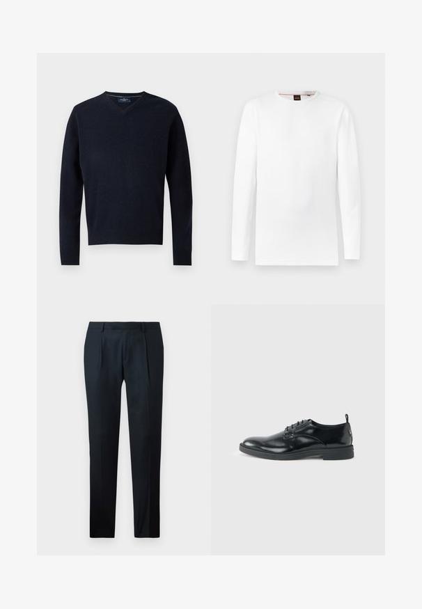 Pull en V marine en tissu doux, doté de manches longues et d'un ourlet côtelé. Design minimaliste avec une étiquette simple au col.; T-shirt blanc à manches longues en matière texturée, avec un col rond et un logo discret embossé au centre.; Pantalon noir sur mesure en tissu lisse, présentant un design slim fit, deux plis avant et une taille plate sans matériel visible.; Chaussure habillée en cuir noir brillant avec un petit talon, fermeture à lacets et bout rond, vue de côté sur un fond uni et clair.