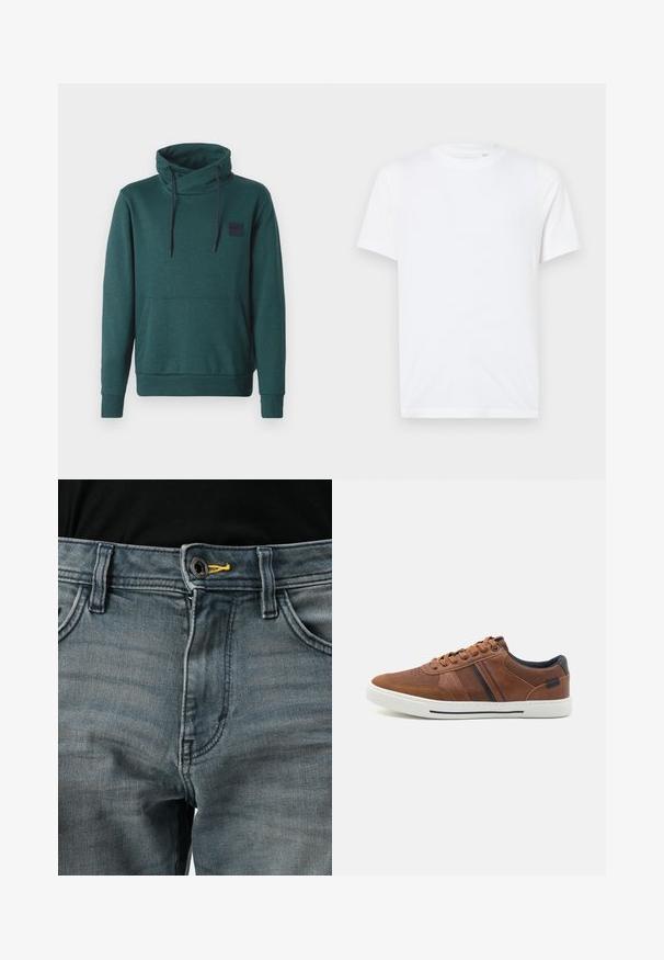 TOM TAILOR STRUCTURED SNOOD - Sweater - jasper green/navy; Witte katoenen t-shirt met een ronde hals en korte mouwen. Bevat een klein, reliëf logo op de linkerkant van de borst. Gladde textuur.; Vervaagde blauwe denim jeans met knoopsluiting, gele accenten bij de tailleband en een klassiek vijf-pocket ontwerp. De textuur lijkt zacht en versleten.; Bruine leren sneakers met een gladde textuur, witte rubberen zool, zwarte accenten en decoratieve stiksels met zijstrepen.