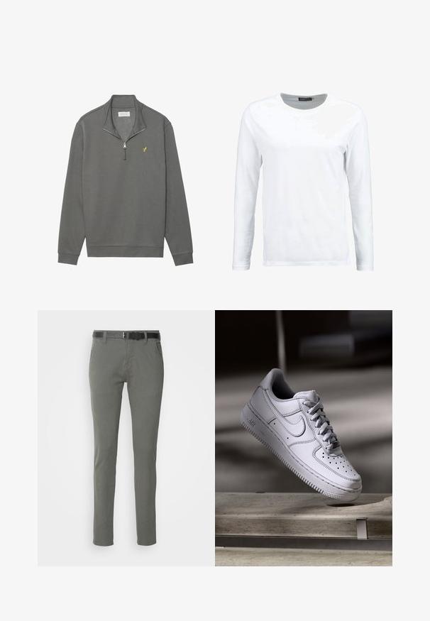 Pier One Sweatshirt - dark grey; Weiße langärmlige T-Shirt aus Baumwolle, mit Rundhalsausschnitt und glatter Textur. Keine Muster oder Akzente. Schlichtes Design.; Graue Baumwollchinos mit schlanker Passform, ausgestattet mit einem schwarzen Gürtel, zwei Seitentaschen und einem schlichten Design. Weiche Textur ohne sichtbare Muster.; Weißer Nike Air Force 1 Sneaker aus Leder mit perforierter Zehenpartie, flachen Schnürsenkeln und strukturierter Gummisohle mit "AIR"-Branding an der Seite.