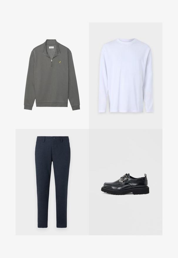 Pier One Pusa - dark grey; Valge pikkade varrukatega T-särk, mis on valmistatud pehmest puuvillast, omab ümarat kaelust ning diskreetseid õmbluse detaile ees ja õlgadel.; Tumedat merevööd ja külgtaskutega slim-fit püksid, esitene nööp ja esiküljel taskud, esitatud valgel taustal.; Mustast nahast kingaga poolsaabas, millel on paks tall ja külje peal hõbedane pandlarihm, valgel taustal.