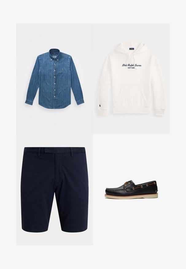 Weißer Hoodie mit Fronttasche, Kordelzug an der Kapuze und navyblauem "Polo Ralph Lauren New York" Logo auf der Brust sowie kleinem Pferdelogo am linken Ärmel.; Denimhemd mit langen Ärmeln, Button-Down-Kragen und einem dezenten vertikalen Streifenmuster in einem mittelblauen Farbton mit einem Logo-Akzent.; Dunkel marineblaue knielange Shorts mit Gürtelschlaufen, einem Frontreißverschluss und Seitentaschen auf einem einfarbigen hellen Hintergrund.; Schwarzer Leder-Bootsschuh mit braunen Schnürsenkeln, goldenen Ösen und beiger Sohle, seitlich auf weißem Hintergrund dargestellt.