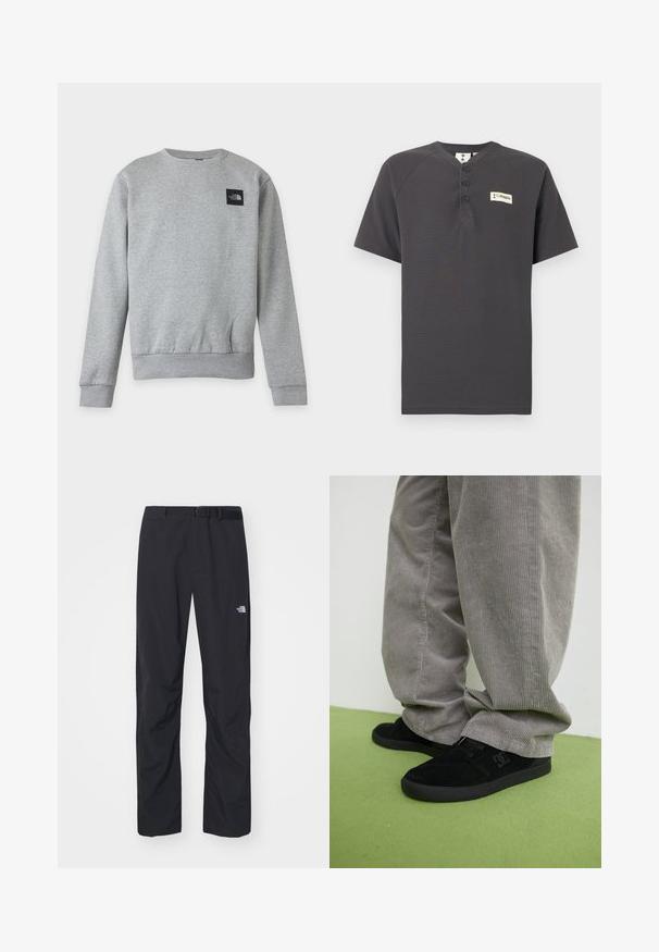 Sudadera sencilla de cuello redondo de color gris claro con mangas largas y un pequeño parche negro con el logo de The North Face en la parte superior izquierda del pecho.; Camisa Henley de manga corta color gris oscuro con tres botones y un pequeño parche con el logo de Columbia en el pecho izquierdo sobre un fondo blanco.; The North Face ABUKUMA PANT - Pantalones - black; Zapatillas de skate de ante negro con un acabado texturizado y un logo, combinadas con pantalones de pana gris con una textura acanalada. Superficie del suelo en verde.