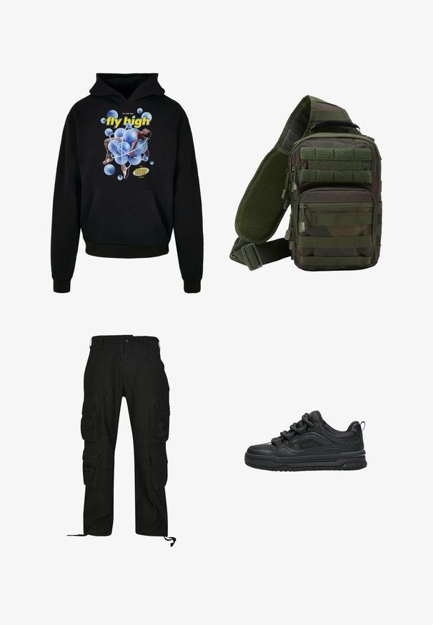 Schwarzer Kapuzenpullover mit zentralem Grafikdesign von blauen Blasen und einer Figur. Der Text lautet "fly high" in Gelb. Kängurutasche vorne.; Schwarze Cargo-Hosen aus strapazierfähigem Material, mit mehreren Seitentaschen, lässiger Passform und verstellbaren Fußgelenkriemen.; Schwarzer Low-Top-Sneaker mit dicker Sohle, gepolstertem Kragen, Mesh-Einsätzen und kräftigen Schnürsenkeln, dargestellt vor weißem Hintergrund.; Grüner Tarn-Sling-Rucksack mit mehreren Reißverschlusstaschen, einem verstellbaren Gurt und einem Netzrückenpaneel zur Belüftung.