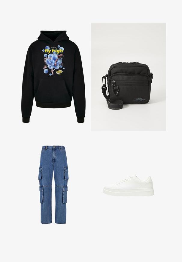 Sweatshirt noir avec capuche arborant un graphique central de bulles bleues et une silhouette. Le texte indique "fly high" en jaune. Poche kangourou à l'avant.; Pantalons cargo en denim bleu, avec des jambes larges, quatre grandes poches latérales et des coutures contrastées. La texture est lisse avec une finition décolorée.; Baskets blanches avec une tige en cuir lisse, des lacets plats et une semelle en caoutchouc épaisse. Le design minimaliste présente des coutures discrètes et des accents sans couture.; Sac à bandoulière en tissu noir avec deux compartiments zippés, une sangle réglable et un logo bleu discret à l'avant.