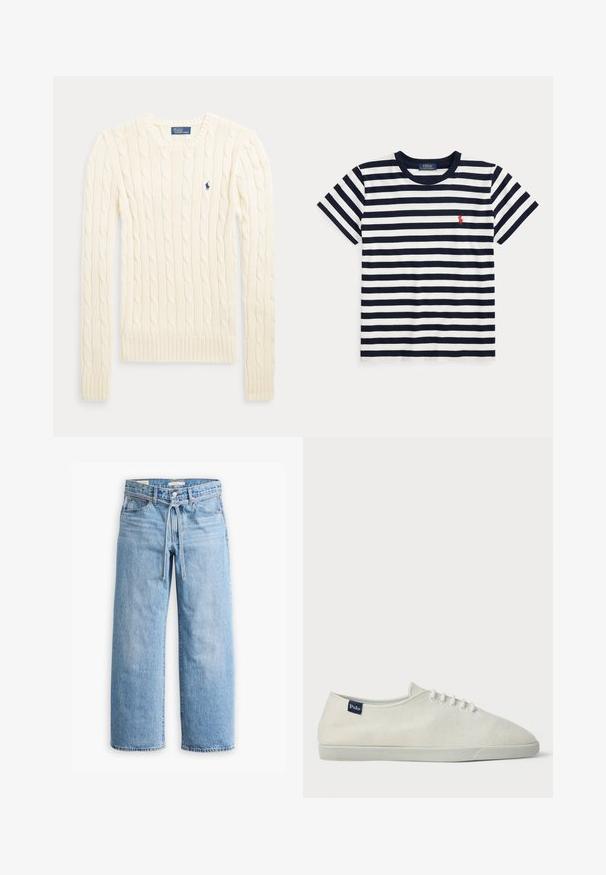 Pull crème à manches longues en maille torsadée avec col rond et petit logo brodé bleu foncé sur la poitrine.; T-shirt à manches courtes rayé horizontalement bleu marine et blanc, col rond avec un petit logo rouge Polo Ralph Lauren sur la poitrine.; Jeans en denim bleu clair à jambes larges avec une taille haute, fermeture à bouton et à glissière, et un détail à cordon à la taille. Finition à l'ourlet brut.; Baskets en toile blanches à lacets blancs, semelle en caoutchouc plate et petite étiquette bleu marine avec l'inscription "Polo" près du talon sur le côté extérieur.