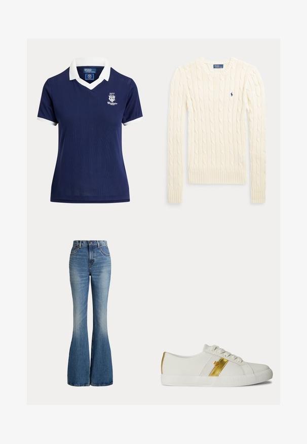 Pull crème à manches longues en maille torsadée avec col rond et petit logo brodé bleu foncé sur la poitrine.; Polo bleu marine à manches courtes avec col et poignets blancs, logo Wimbledon 1877 sur la poitrine gauche, par Polo Ralph Lauren.; Jean en denim bleu taille haute avec jambes évasées et légère décoloration sur la partie avant des cuisses, présenté sur fond blanc.; Basket basse blanche avec des lacets blancs, un détail d'une bande dorée sur le côté et une semelle blanche en caoutchouc texturée.