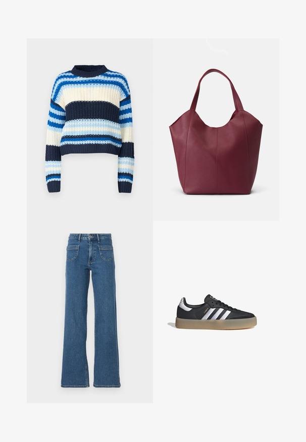Noisy May Jersey de punto - multi coloured; Jeans de denim azul de pierna ancha con cintura alta, cinco bolsillos, cierre frontal con botón y un acabado ligeramente desvanecido. Los dobladillos y costuras cosidos son visibles.; Zapatilla deportiva de cuero negro con tres rayas plateadas, punta texturizada y suela de goma. Cuenta con un collar acolchado y un diseño con cordones.; Bolso de mano de cuero burdeos con dos asas resistentes, con una textura suave y un diseño afinado con detalles de costura en la parte frontal.