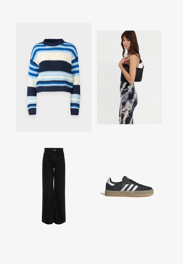 Noisy May Jersey de punto - multi coloured; Jeans de mezclilla negra de pierna ancha con cinturilla alta, diseño de cinco bolsillos y herrajes plateados. La tela tiene un acabado suave y ligeramente texturizado.; Zapatilla deportiva de cuero negro con tres rayas plateadas, punta texturizada y suela de goma. Cuenta con un collar acolchado y un diseño con cordones.; Bolso de hombro negro acolchado con una sola correa y herrajes plateados, combinado con un vestido ajustado de patrón tie-dye en tonos de negro y crema.