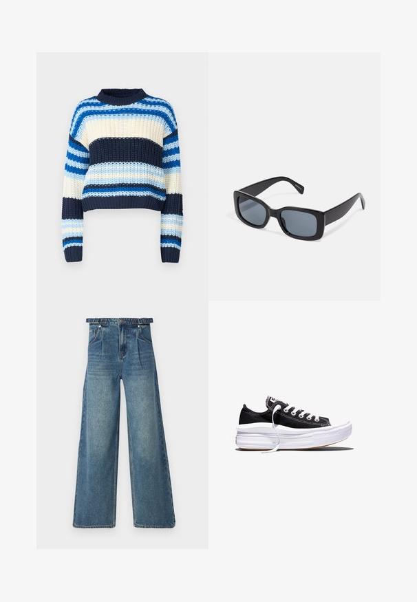 Noisy May Striktrøje - multi coloured; Bredde ben denim jeans i lys blå. Har høj talje, bæltestropper, plisseret front og klassisk fem-lomme design. Slidt tekstur.; Sort lavt liggende lærreds-sneaker med hvide snørebånd og tyk, flerlags hvid gummisål mod en hvid baggrund.; Sorte rektangulære solbriller med mørkt tonede linser, tyk plastramme og brede stænger. Glat overflade og kantet design.