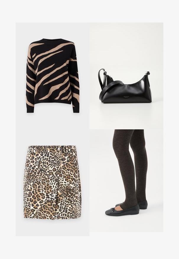 Pull noir avec motif rayé tigre beige, présentant un col rond, des manches longues et une texture douce. Finition des bords en côtelé.; JDY JDYRAY Short - Minijupe - pumice stone; Jambes portant des leggings côtelés foncés associés à des ballerines noires avec de petits détails en nœud sur fond blanc.; Sac à main en cuir noir avec une texture lisse. Dispose d'une bandoulière adjustable et d'un design élégant et minimaliste avec une fermeture éclair.