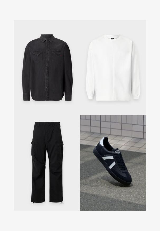Weißer Sweatshirt, aus weichem Stoff, mit Rundhalsausschnitt, langen Raglanärmeln, gerippten Bündchen und dezentem gesticktem Logo auf der Brust.; Langärmliges schwarzes Jeanshemd mit klassischem Kragen, Druckknopfverschlüssen, zwei Brusttaschen und einem dezenten roten Logodetail.; Schwarze Cargo-Hose mit Front- und Seitentaschen, Knopfverschluss, Gürtelschlaufen und verstellbaren Knöchelriemen, flach auf weißem Hintergrund liegend gezeigt.; Schwarze Leder-Sneaker mit weißen Streifen, strukturiertem Gummisohle und Schnürung. Verfügt über ein Markenetikett auf der Zunge.