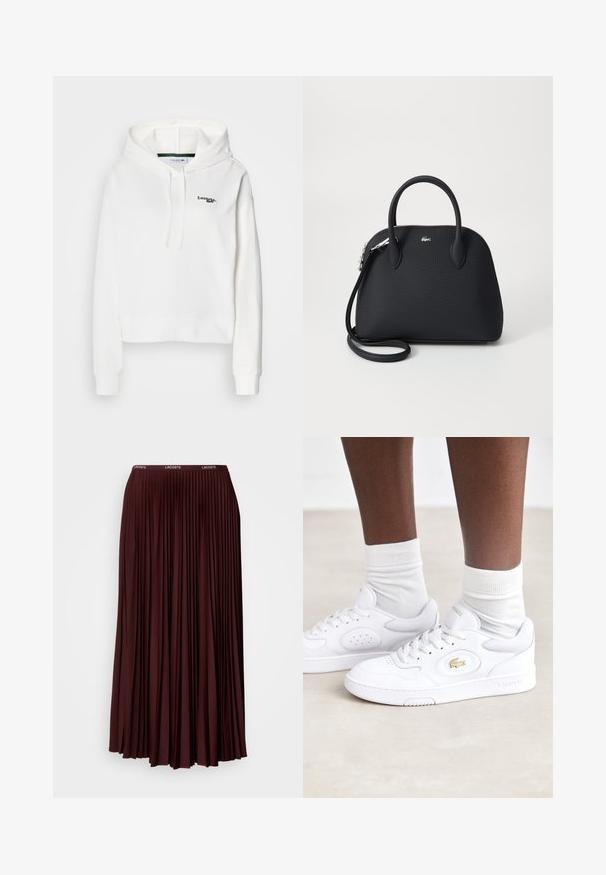 Witte hoodie van zacht stof met een kangoeroezak, trekkoord capuchon en groen geborduurd logo op de borst. Voorzien van ribgebreide manchetten.; Bordeaux plissé rok van zachte stof met een elastische tailleband en een subtiele logo. Volledige lengte ontwerp met verticale plooien.; Witte leren sneakers van Lacoste met geperforeerde zijpanelen, een gouden logo-accent en een gestructureerde witte rubberen zool. Gecombineerd met witte sokken.; Zwarte handtas van textuur materiaal, voorzien van twee bovenhandvatten en een afneembare schouderriem, met een zilveren logo-accent.