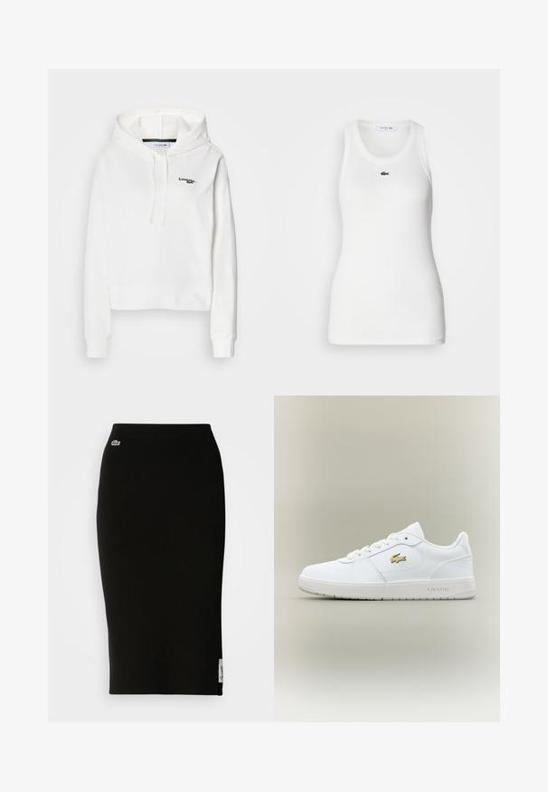 Witte hoodie van zacht stof met een kangoeroezak, trekkoord capuchon en groen geborduurd logo op de borst. Voorzien van ribgebreide manchetten.; Witte mouwloze tanktop met een ronde hals en geribbelde textuur. Heeft een klein groen Lacoste krokodillogo op de borst.; Zwarte geribbelde gebreide midi-rok met een nauwsluitende silhouet. Kleine Lacoste-logo detail op de tailleband, met een gladde textuur.; Witte leren sneakers met een laag ontwerp, ronde neus, vetersluiting en een gouden Lacoste-logoaccent aan de zijkant.