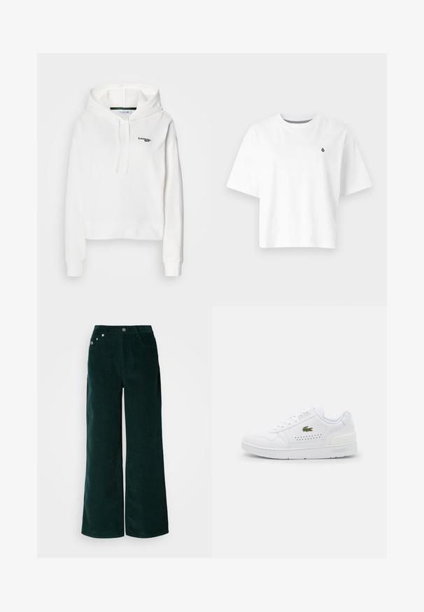 Sudadera blanca de tela suave con un bolsillo canguro, capucha con cordón y logo verde bordado en el pecho. Presenta puños acanalados.; Camiseta de algodón blanca, diseño cortado, mangas cortas, cuello redondo, que presenta un pequeño logo negro en el lado izquierdo del pecho.; Pantalones de pana de pierna ancha en verde oscuro. Presentan una textura acanalada horizontal, bolsillos frontales y cierre con botones con detalles de marca.; Zapatilla blanca de cuero con acentos perforados, punta redonda, suela plana de goma y logo de Lacoste bordado en verde en el lado exterior.