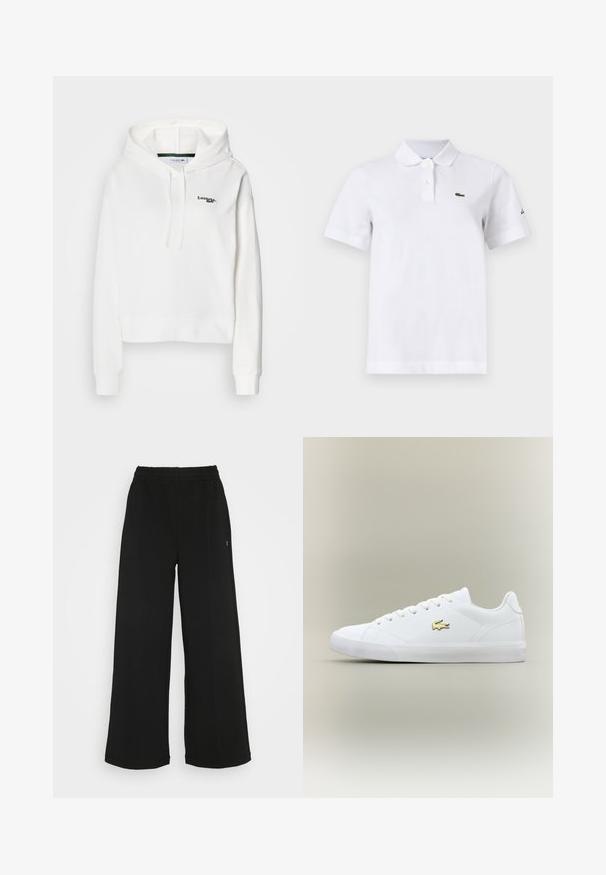 Hvid hættetrøje i blødt stof med kengurulomme, snøre i hætten og grøn broderet logo på brystet. Har ribbede manchetter.; Hvid polo-shirt med korte ærmer med to knapper, en lille grøn krokodille-logo på venstre bryst og et diskret sort logo på venstre ærme.; Sorte brede bukser med elastisk talje. Fremstillet af et blødt, let materiale. Har lodrette syninger foran.; Hvid sneaker lavet af glat læder med en rund tå, flade snørebånd og et lille guld logo. Har en struktureret gummisål og et enkelt design.