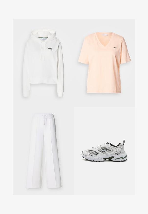 Sudadera blanca de tela suave con un bolsillo canguro, capucha con cordón y logo verde bordado en el pecho. Presenta puños acanalados.; Camiseta de algodón color durazno claro con escote en V y mangas cortas, con un pequeño logo verde de Lacoste en el área del pecho izquierdo.; Pantalones blancos de pierna ancha con cintura elástica y cordón ajustable. Hechos de tela suave con costuras verticales para un look entallado.; Zapatillas deportivas blancas con paneles de malla, acentos en negro y una suela texturizada. Presentan un diseño elegante y un logotipo prominente en el lateral.