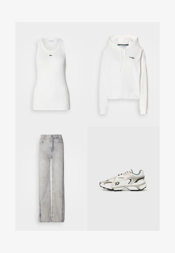 Sweatshirt blanc en tissu doux avec une poche kangourou, une capuche à cordon de serrage et un logo vert brodé sur la poitrine. Équipé de poignets côtelés.; Débardeur blanc sans manches avec un col rond et une texture côtelée. Présente un petit logo crocodile vert de Lacoste sur la poitrine.; Jean large en denim bleu clair avec un délavage, doté d'une fermeture éclair, de cinq poches et de coutures contrastantes.; Baskets volumineuses en blanc, gris et argent métallique avec des panneaux texturés. Comprend une épaisse semelle en caoutchouc noir et un design d'overlay distinctif.