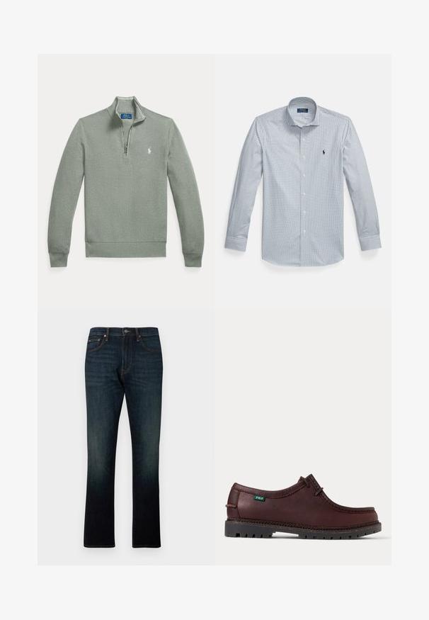 Helehall võrkjope pikkade varrukatega, soonikust mansettide ja äärega ning väike valge brodeeritud Polo Ralph Laureni logo rinnal.; Sinine ja valge ruuduline nööpidega särk, puuvillane materjal, pikad varrukad ja klassikalise kraega. Rinnal tikitud logo.; Tumesinised sirgelõikelised teksapüksid viie tasku ja oranži õmblusega, esitatud tasapinnalisena valgel taustal.; Tumepruun nahast mokasiinstiilis jalanõu musta tugevdatud tallaga ja rohelise Polo logoga sildiga küljes, näidatud külgvaates.