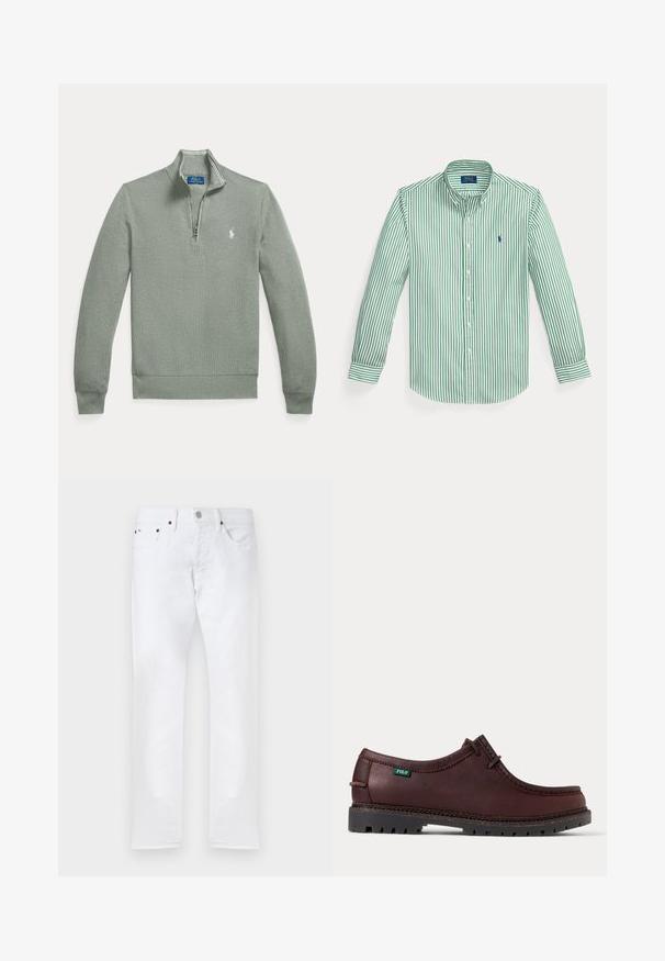 Lysegrå quarter-zip pullover med lange ærmer, ribstrikkede manchetter og kant samt et lille hvidt broderet Polo Ralph Lauren-logo på brystet.; Langærmet skjorte med grønne lodrette striber, knaplukket krave og en lille blå logo på venstre bryst.; Hvide slim-fit jeans med fem lommer, knaplukning og bæltestropper, vist fladt på en hvid baggrund.; Mørkebrun lædermokkasinstil sko med sort robust sål og grønt Polo-logo mærke på siden, vist i sidevisning.