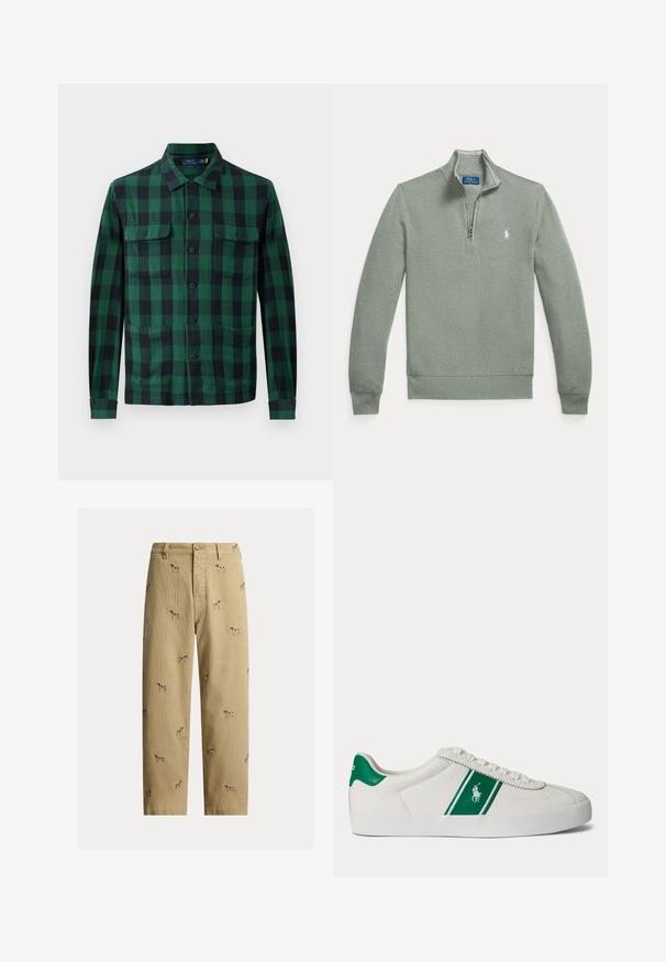 Helehall võrkjope pikkade varrukatega, soonikust mansettide ja äärega ning väike valge brodeeritud Polo Ralph Laureni logo rinnal.; Roheline ja must ruuduline särk, mis on valmistatud kangast, millel on nööbiga esikülg, kaks rinna taskut ja pikad varrukad nööpidega mansettidega.; Beežid sametpüksid, millel on tikitud koera mustrid, sirge säärega lõige ja viis taskut, ees käeluku trukk.; Valge madala säärega toss roheline triibu ja Polo logoga küljel, rohelise kandmisega ja valgete paeltega, esitatud vasakult küljelt lihtsal taustal.