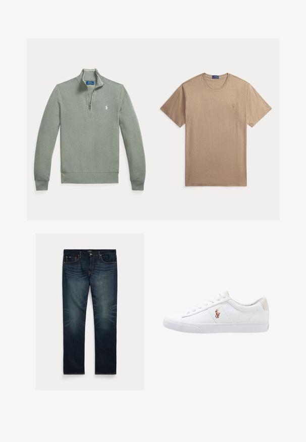 Svetlosivý pulóver so štvrťovým zipsom, dlhými rukávmi, rebrovanými manžetami a lemom a malým bielym vyšitým logom Polo Ralph Lauren na hrudi.; Béžové tričko s krátkym rukávom a okrúhlym výstrihom s malým vyšívaným logom Polo Ralph Lauren na ľavej strane hrudníka.; Tmavomodré riflové džínsy s priamym strihom nohavíc, jemným vyblednutím v oblasti kolien a oranžovým prešívaním na vreckách a švoch.; Biele plátenné tenisky s nízkym strihom, ktoré majú béžový opasok na päte a malé vyšívané logo na boku. Gumová podrážka.