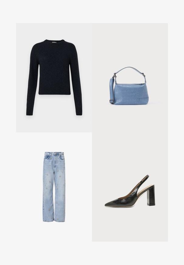 Mørkeblå pullover sweater lavet af et blødt strikket stof; med rund hals, lange ærmer og ribbede manchetter og kant.; Lystblå denimjeans med afslappet pasform, prydet med sølvfarvet blomsterbroderi hele vejen rundt og standard fem-lomme design.; Sort læder peep-toe slingback sko med høj blokhæl og beige indvendig foring mod en ensfarvet lys baggrund.; Lyseblå taske med krokodillepræg, kort håndtag og aftagelig skulderrem. Glat tekstur med lynlås.