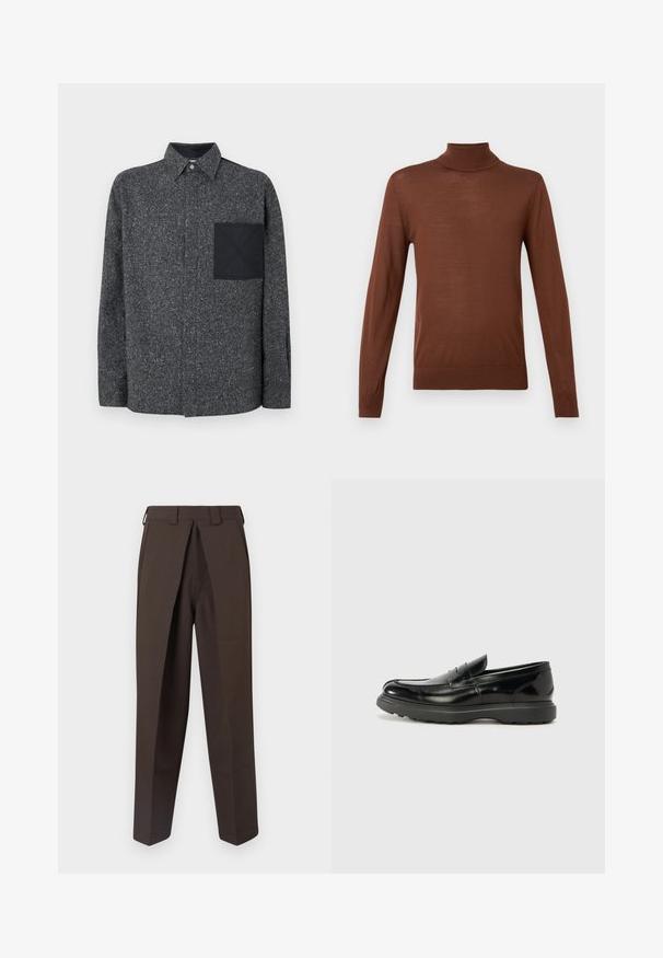 Bruine coltrui gemaakt van zacht, lichtgewicht materiaal met lange mouwen, geribbelde manchetten en een aansluitend ontwerp.; Iceberg Overhemd - fantasia mix di grigi; BLUEMARBLE WORK PANT - Broek - brown; Zwarte leren instapper met een glanzende afwerking, een ronde neus, subtiele stiksels en een dikke rubberen zool voor duurzaamheid.