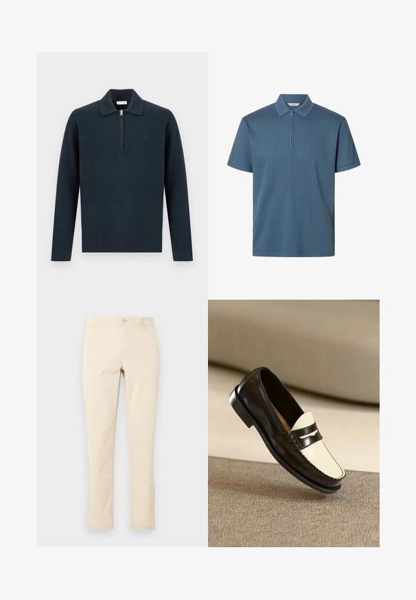 Pull-over à manches longues bleu marine foncé avec un col et une fermeture éclair à moitié zip sur le devant, présenté sur un fond clair uni.; Polo bleu côtelé à manches courtes avec fermeture éclair devant et col et poignets texturés, présenté sur fond blanc.; Pantalon beige droit avec fermeture par boutons, passants pour ceinture et poches latérales, présenté sur un fond clair uni.; Mocassin en cuir noir avec un empeigne crème et des rayures noires, présentant un petit talon et des coutures détaillées le long des bords.