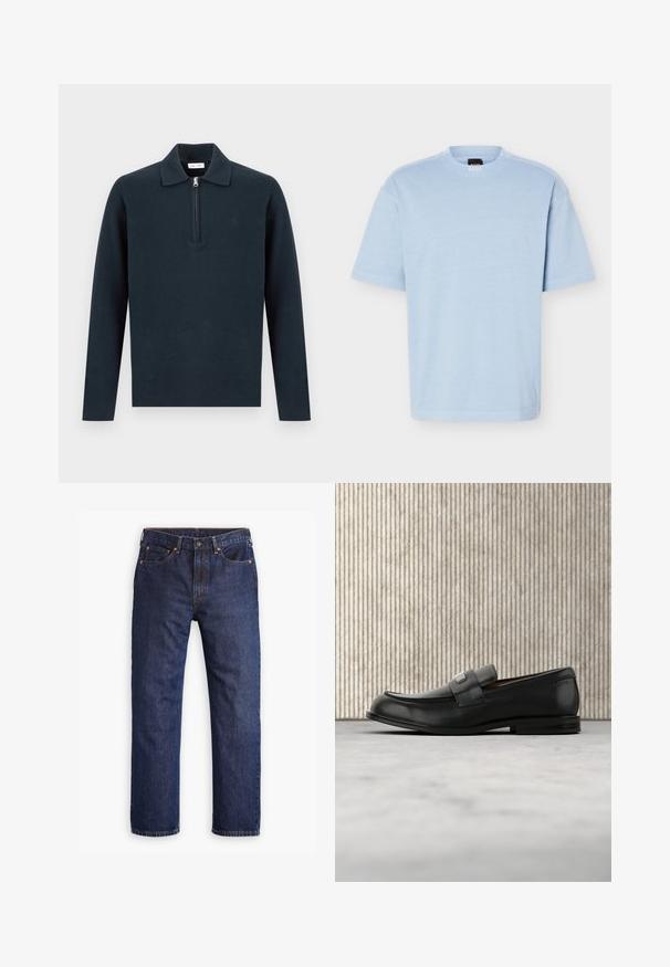 Langærmet mørkeblå pullover med krave og halv lynlås foran, vist på en ensartet lys baggrund.; Lyseblå T-shirt med korte ærmer og rund hals, lavet af blødt stof og med en afslappet pasform. Den har et lille sort og orange mærke på indersiden af kraven.; Mørkeblå straight-leg denim jeans med frontknap, lynlås, fem lommer og detaljer i kobbernitter.; Sort læderloafer med metalbrandskilt hvilende nær et brunt rundt bord på beige tæppe.