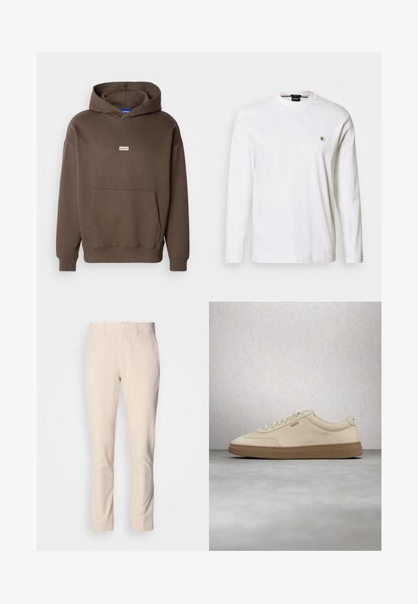 Sweat à capuche marron en tissu texturé, avec une poche kangourou et un petit patch logo sur la poitrine. Poignets et ourlet côtelés.; T-shirt blanc à manches longues en coton lisse, avec un col rond et un petit logo métallique sur la poitrine gauche.; Pantalon beige clair à texture lisse, coupe ajustée, fermeture par bouton et poches latérales. Aucun motif ou accent visible.; Baskets en daim beige clair avec une semelle en caoutchouc gomme, des lacets prononcés et des détails de couture subtils. Design épuré avec une esthétique minimaliste.