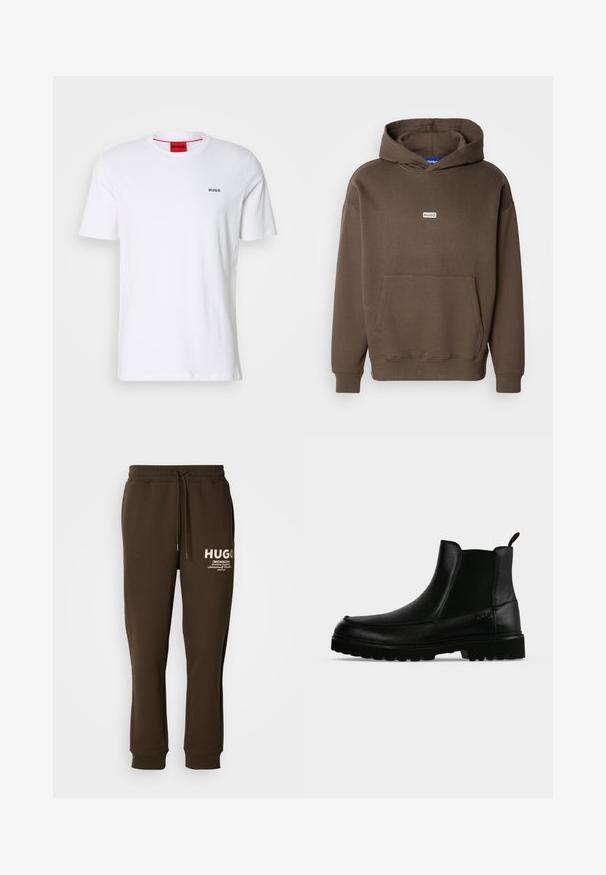 Sudadera con capucha marrón hecha de tela texturizada, que presenta un bolsillo canguro y un pequeño parche con logo en el pecho. Puños y dobladillo acanalados.; Camiseta de algodón blanca de mangas cortas, con un escote redondo y pequeño logo negro "HUGO" en el lado izquierdo del pecho. Presenta una etiqueta en el cuello interior de color rojo.; Pantalones de chándal marrones hechos de una tela suave, con una cinturilla elástica y un cordón, y detalles del logotipo en blanco en la parte delantera.; Bota negra de cuero hasta el tobillo con suela texturizada, paneles laterales elásticos y pestaña de tirador sobre fondo gris claro.