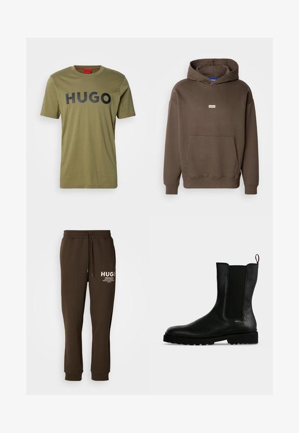 Bruine capuchontrui van gestructureerde stof, met een kangoeroezak en een klein logoplaatje op de borst. Geribbelde boorden bij de mouwen en zoom.; Olijfgroene katoenen t-shirt met een ronde hals en een vet zwart "HUGO" logo over de borst, korte mouwen en een gladde textuur.; Bruine sweatpants gemaakt van zacht materiaal, met een elastische tailleband met een trekkoord en witte logo-details op de voorkant.; Zwarte leren enkellaars met elastisch zijpaneel, dikke zool en treklus aan de achterkant, met een klein gouden "Hugo" logo vlak bij de hiel.
