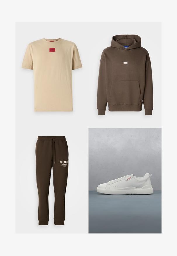 Bruine capuchontrui van gestructureerde stof, met een kangoeroezak en een klein logoplaatje op de borst. Geribbelde boorden bij de mouwen en zoom.; Beige katoenen T-shirt met een relaxte pasvorm, voorzien van een kleine rode "HUGO" logo patch in het midden en een klassieke ronde hals.; Bruine sweatpants gemaakt van zacht materiaal, met een elastische tailleband met een trekkoord en witte logo-details op de voorkant.; Witte sneaker met een gladde leren afwerking, ronde neus, vier veterogen, subtiele perforaties en een rood logo detail aan de zijkant.