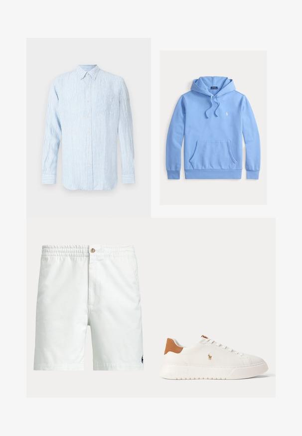 Sudadera con capucha azul claro hecha de tela suave, con un bolsillo frontal, cordones ajustables y un pequeño logotipo blanco en el pecho.; Camisa de botones a rayas azul claro con mangas largas, cuello con solapa, bolsillo en el pecho y un pequeño detalle de logo en rosa.; Pantalones cortos blancos para hombre con cinturilla elástica, cierre de botón, bolsillos laterales y pequeño logo oscuro cerca del dobladillo inferior en una pierna.; Zapatilla blanca de caña baja con lengüeta trasera en color marrón claro, cordones blancos y un pequeño logo bordado de jugador de polo en el lateral sobre una suela gruesa.