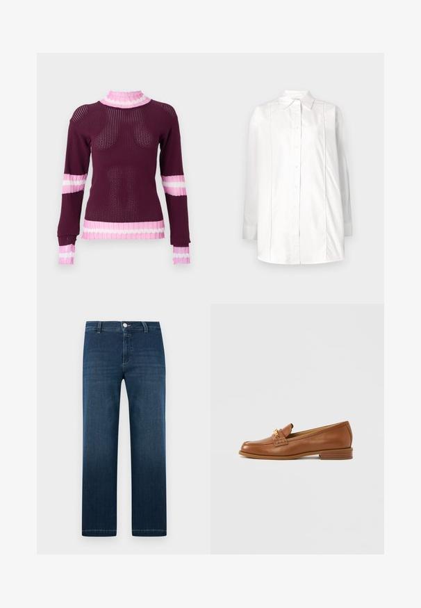 Henrik Vibskov AJOUR TURTLENECK - Pullover - bordeaux ajour; Chemise blanche à manches longues en coton, avec un col classique, une fermeture à boutons sur le devant et des détails de pintucks verticaux sur le buste.; Jean denim bleu foncé à jambes droites avec fermeture avant par bouton et zip, passants pour ceinture, et légère décoloration sur les cuisses.; Mocassin en cuir marron avec un bout rond, une bride décorative et un petit talon. Texture lisse, détails de couture subtils et accents en métal doré.