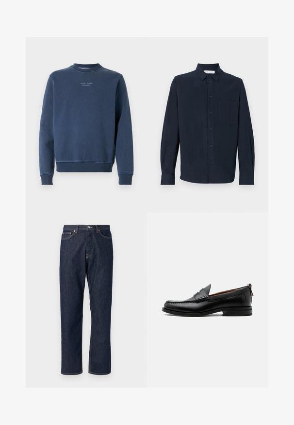 Dunkelblaues Sweatshirt aus strukturiertem Baumwollstoff. Mit Rundhalsausschnitt, langen Ärmeln und gerippten Bündchen. Markenlogo auf der Brust.; Navy-blaues Langarmhemd aus weichem Stoff, mit durchgehender Knopfleiste, spitzem Kragen und einer einzelnen Brusttasche.; Dunkelblaue Denimjeans mit geradem Bein-Design. Verfügt über einen Knopf- und Reißverschluss, fünf Taschen und Kontrastnähte.; Schwarzer Leder-Herrenschuh mit Mokassinnaht, Penny-Riemen, strukturiertem Kragen und niedrigem gestapeltem Absatz auf weißem Hintergrund.