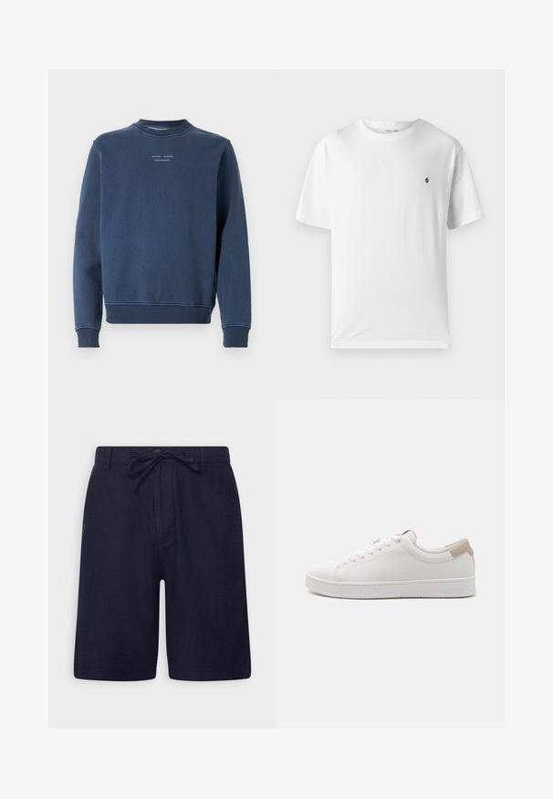 Sudadera azul marino hecha de algodón texturizado. Presenta un cuello redondo, mangas largas y puños de canalé. Logo exhibido en el pecho.; Camiseta blanca de algodón con cuello redondo, mangas cortas y un pequeño logo negro en el pecho. Textura suave, corte casual.; Pantalones cortos azul marino hechos de una tela ligera, con cintura ajustable, cierre de botón y bolsillos laterales. Textura suave y corte entallado.; Zapatillas blancas con parte superior de cuero suave, punta redonda, seis ojales y un acento en beige en el talón. Presentan una suela de goma blanca y un branding sutil.