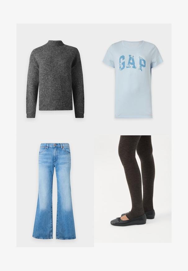Tumehall knitted kampsun pikkade varrukatega ja lühikese faux kaelusega, esitledes frontaalset vaadet valgel taustal.; Helesinine lühikeste varrukatega t-särk suure sinise GAP logoga ja valgete lillemustritega tähtedel, mis on asetatud lihtsale taustale.; Heledad sinised flare teksad kõrge vöökohaga, valmistatud denimist. Omavad kahte eesmist taskut ja metallnuppe. Kangas on pleekinud tekstuuriga.; Jalad seljas tumedad soonelises soonelises kombines mustade baleriinadega, millel on väikesed paelade detailid valgel taustal.