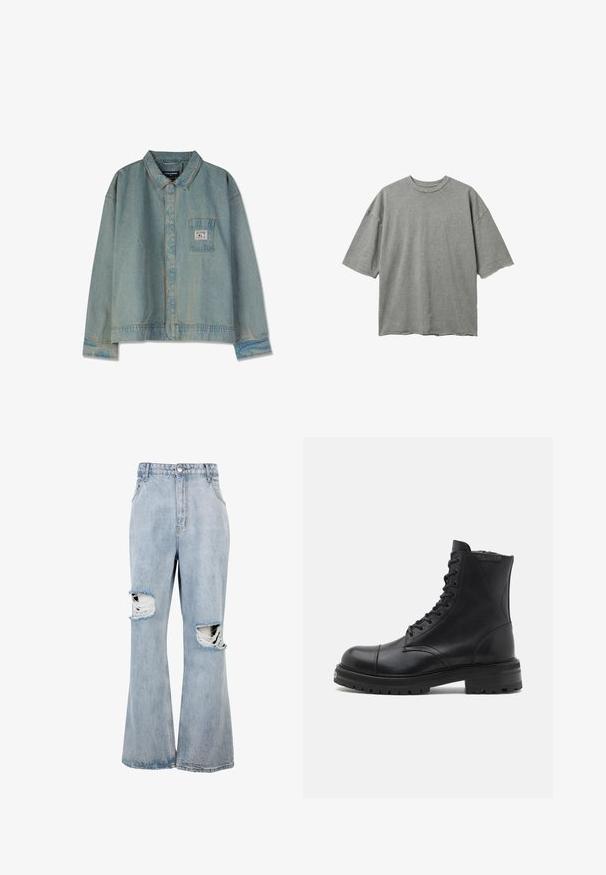 Oversized vervaagd grijs katoenen T-shirt met korte mouwen en ruwe randen aan mouwen en zoom, ronde hals, plat getoond op een witte achtergrond.; Lichtblauwe spijkerjacket met een puntige kraag, lange mouwen, borstzak en zichtbare stiksels; relaxte pasvorm en versleten textuur.; Lichtblauwe denim spijkerbroek met een hoge taille en brede pijpen, met opvallende versleten gaten op beide knieën en rafelige randen rond de scheuren.; AllSaints HANK - Veterboots - black