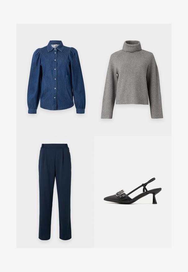 Object Roll neck - Trui - medium grey; Donkerblauwe denim blouse met lange, opgezette mouwen, een knoopsluiting aan de voorkant en een klassieke kraag. Bevat twee zijzakken en heeft een licht gebogen zoom.; Marineblauwe broek met een recht broekspijpontwerp, voorzien van een hoge taille, plooien en een gladde, zachte textuur. Geen zichtbare hardware of patronen.; Simmi London DALA - Klassieke pumps - black