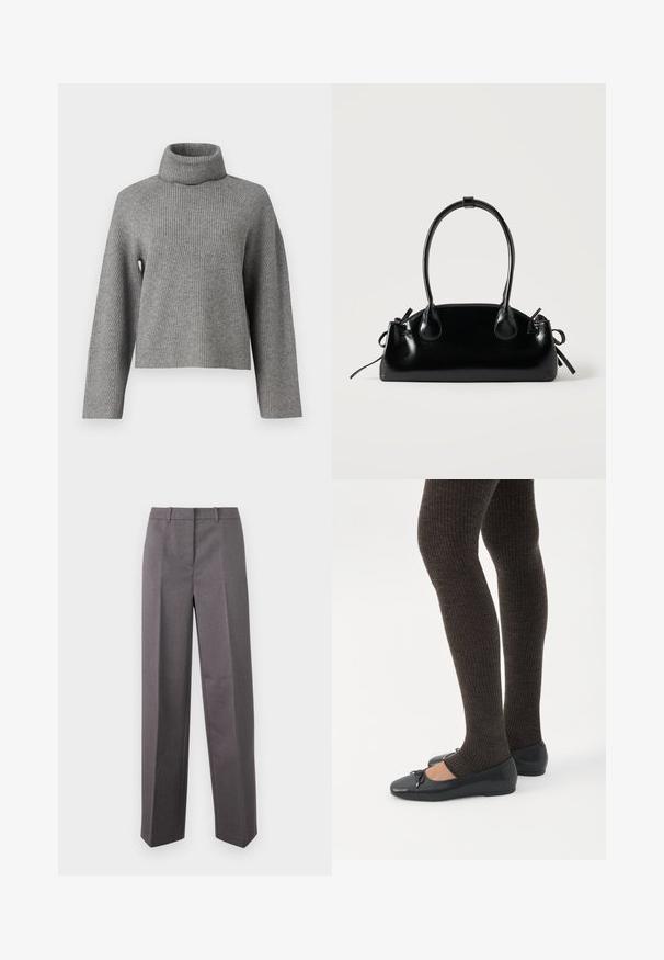 Object Roll neck - Jumper - medium grey; Gray tailored trousers made of textured fabric, featuring a straight-leg design, flat front, and belt loops.; Legs wearing dark ribbed leggings paired with black ballet flats featuring small bow details on a white background.; Small black glossy handbag with two long handles and side drawstring details on a plain light background.
