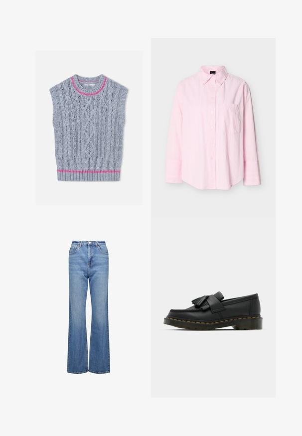 Lichtgrijze gebreide sweatervest met een kabelpatroon, roze accent rond de halslijn en een geribbelde onderzoom. Korte mouwen.; Lichtroze overhemd met lange mouwen, knopen en een kraag, met een enkele borstzak, getoond tegen een effen achtergrond.; Hooggewade, uitlopende blauwe spijkerbroek met een klassieke denimstructuur, voorzien van vijf zakken en een ritssluiting. Minimalistisch ontwerp en stikdetails.; Zwarte leren loafers met een ronde neus, voorzien van een franjesdetail en een decoratieve band aan de voorkant, geplaatst op een chunky hak.