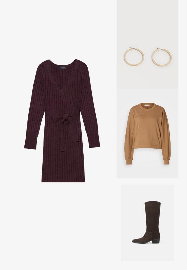 Sweatshirt court à manches longues de couleur brun clair. Fabriqué en matériau doux avec un col rond et des poignets de manches plissés. Détail de couture simple.; Robe portefeuille côtelée bordeaux à manches longues, décolleté en V et ceinture assortie à la taille. Texture douce avec un motif vertical.; Bottine en daim marron foncé, montante jusqu'au genou, avec un bout carré, une texture lisse et un petit talon empilé, affichant un design minimaliste et des lignes épurées.; Paire de boucles d'oreilles créoles moyennes lisses ton or avec fermoirs à charnière sur fond clair uni.