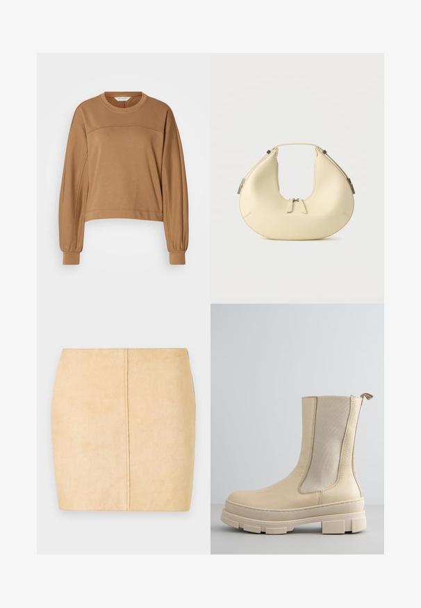 Afskåret, langærmet sweatshirt i lysebrun. Lavet af blødt materiale med en rund halsudskæring og plisserede ærmekanter. Enkel søm detalje.; Beige ruskinds mini nederdel med en glat tekstur, tætsiddende pasform og centralt sømdetalje. Ingen synlige metaldele eller udsmykninger.; Beige læderstøvle til midt på læggen med chunky tekstureret sål og elastisk sidepanel.; Beige håndtaske i halvmåneform med dobbelt lynlåslukning og kort håndtag, udstyret med sølvfarvede hardware-detaljer på siderne.