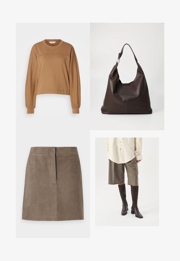 Korte, lange mouwen sweatshirt in lichtbruin. Gemaakt van zacht materiaal met een ronde halslijn en geplooide mouwmanchetten. Eenvoudig naaddetail.; Taupe knielange suède rok met een rechte pasvorm en een verborgen naad aan de voorkant, tegen een effen achtergrond.; Bruine kniehoge laarzen met een vierkante neus en blokhak, gecombineerd met een beige oversized shirt en bruine geruite culottes.; Zign by Zalando LEATHER - Shopper - chocolate brown